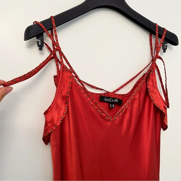 Le Full 100% Silk Dress, Made In Italy, Multi strap with Copper Mini Stud W Slit